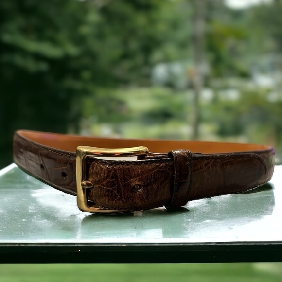 Brown Croc Alligator Grain Cowhide Leather Belt Bold Brass Buckle 36-40" Waist - Picture 1 of 12